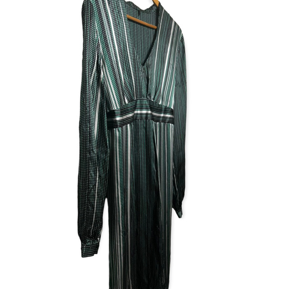 Tahari Women's Green Silk V-Neck Empire Waist Tie Back Striped Dress Size 10 - Picture 11 of 16